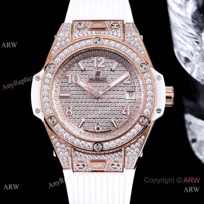 New! Swiss Replica Hublot One Click White Full Pave Diamond 39mm Rose Gold Watch